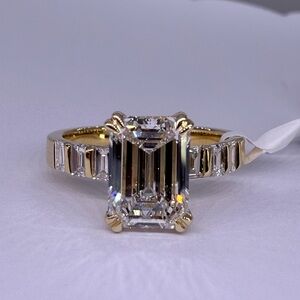 3.08 carat D VS1 emerald cut lab diamond with bar set baguette engagement ring